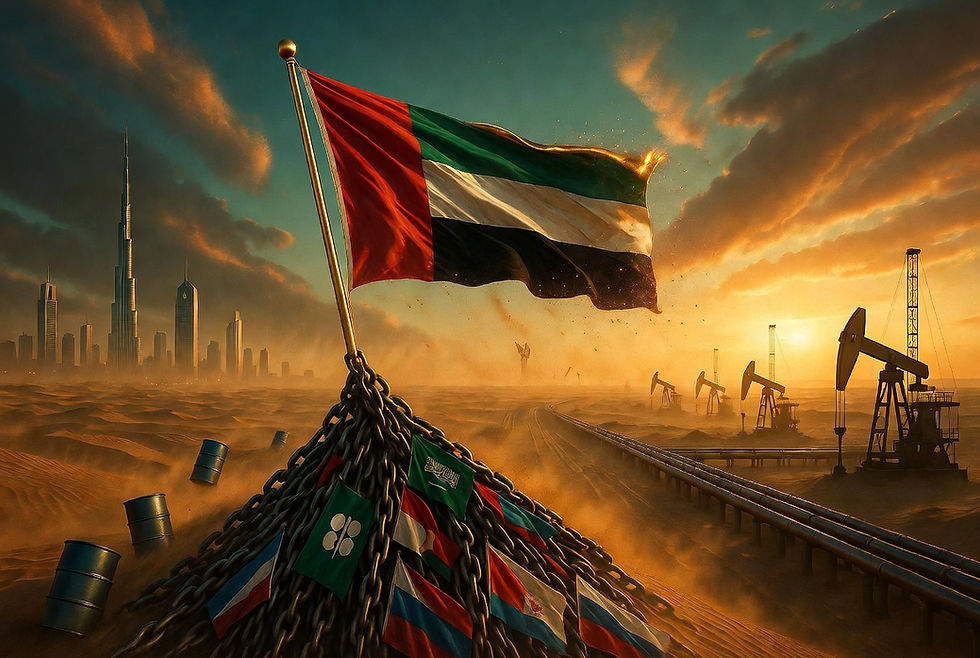 UAE flag waves over desert, oil barrels, and pumpjacks at sunset. Skyscrapers in the distance, chains draped with various flags, indicating the UAE leaves OPEC.