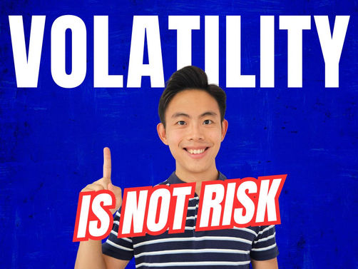 Ben, a Singaporean investor, in a striped shirt, points up against a blue background. Bold text reads "VOLATILITY IS NOT RISK."