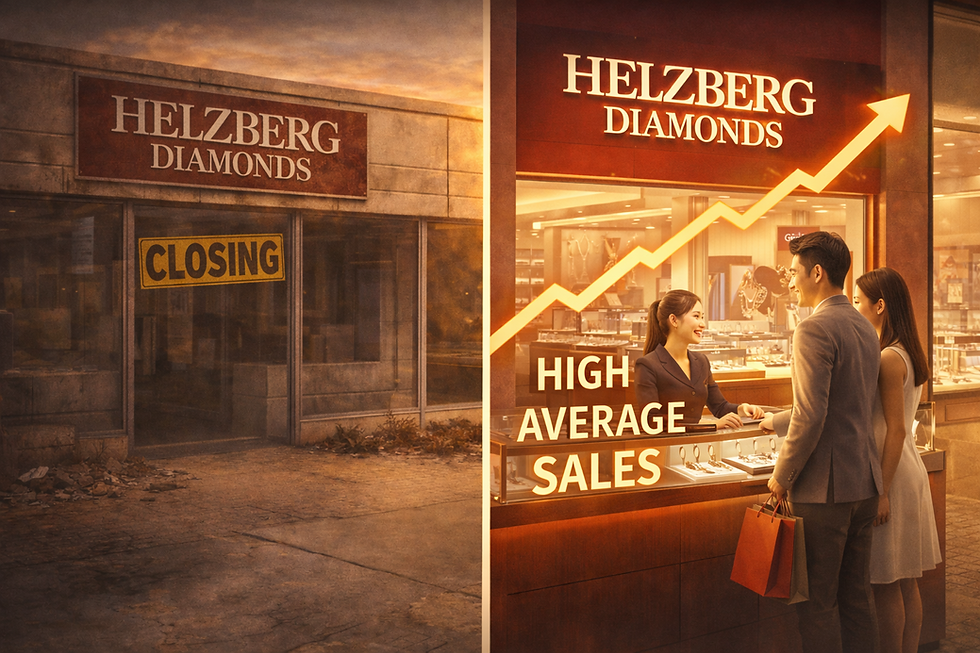 Split image: Left shows a closed Helzberg Diamonds store with a "Closing" sign. The right shows a vibrant Helzberg Diamonds store with customers, luxury displays, and "High Average Sales" text.