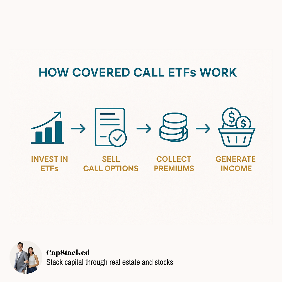 Flowchart showing how covered call ETFs work: invest in ETFs, sell call options, collect premiums, generate income.