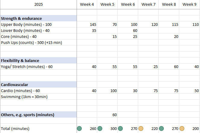 Ben Tan's exercise schedule chart for 2025 which tracks minutes for strength, flexibility, cardio, and sports.