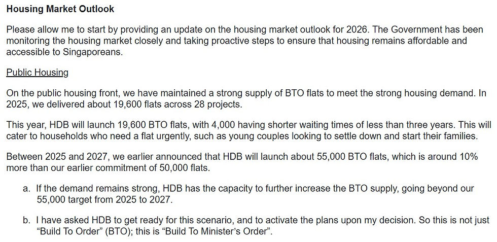 Text outlines Singapore's 2026 housing market plan, including BTO flat supply and adjustments. Focus is on affordability and accessibility.