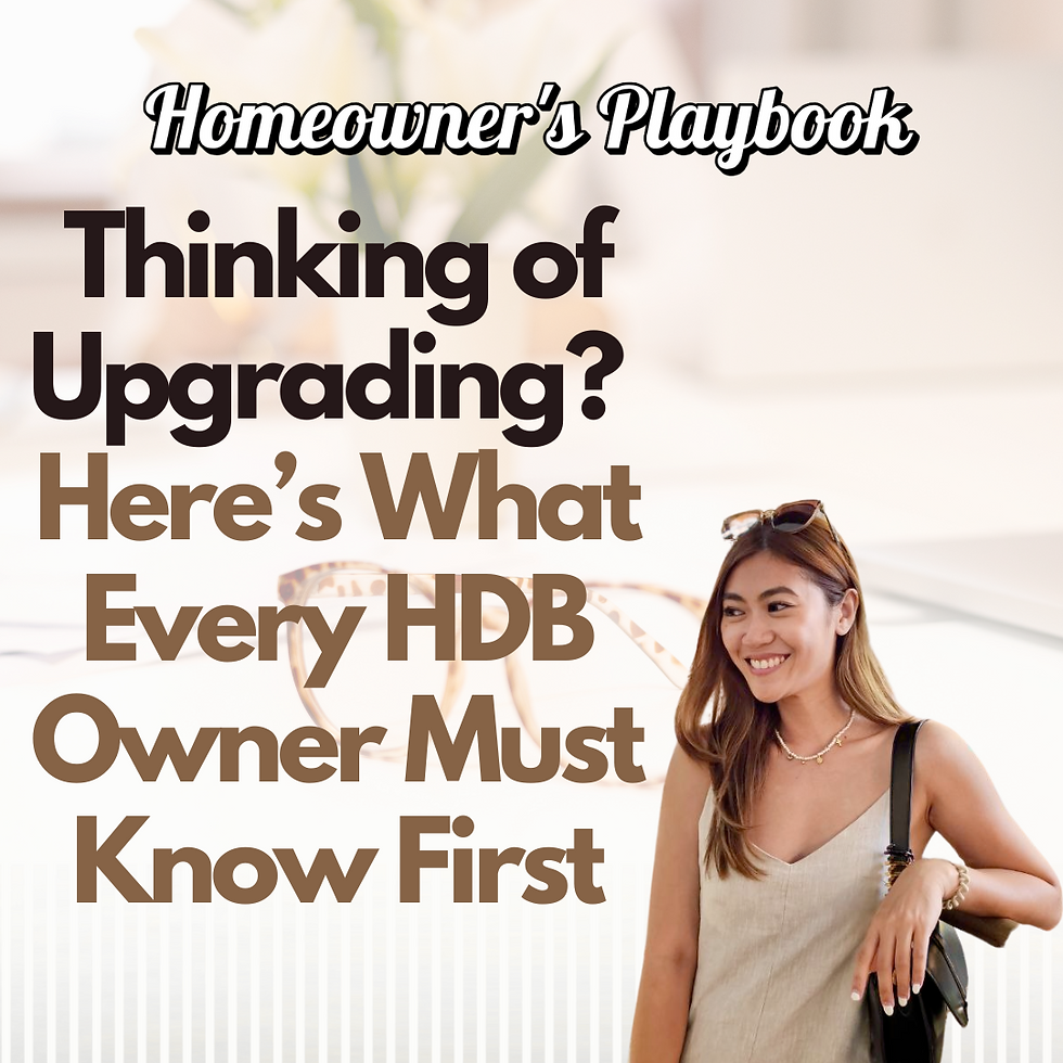 Vann, a Singapore realtor, carries a black bag and looks at the sentence “Thinking of upgrading? Here is what every HDB owner must know first” in the background.