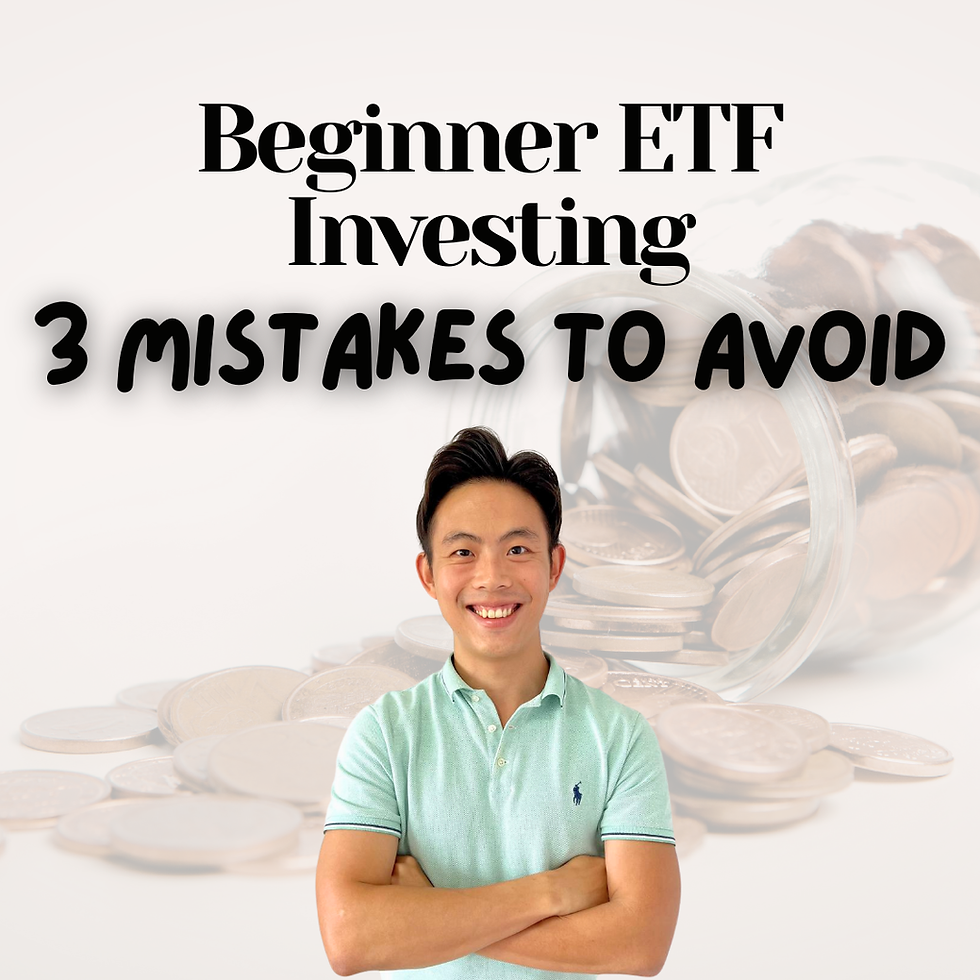 Smiling Ben Tan in mint green shirt stands before text reading "Beginner ETF Investing: 3 Mistakes to Avoid," with coins spilling from a jar.