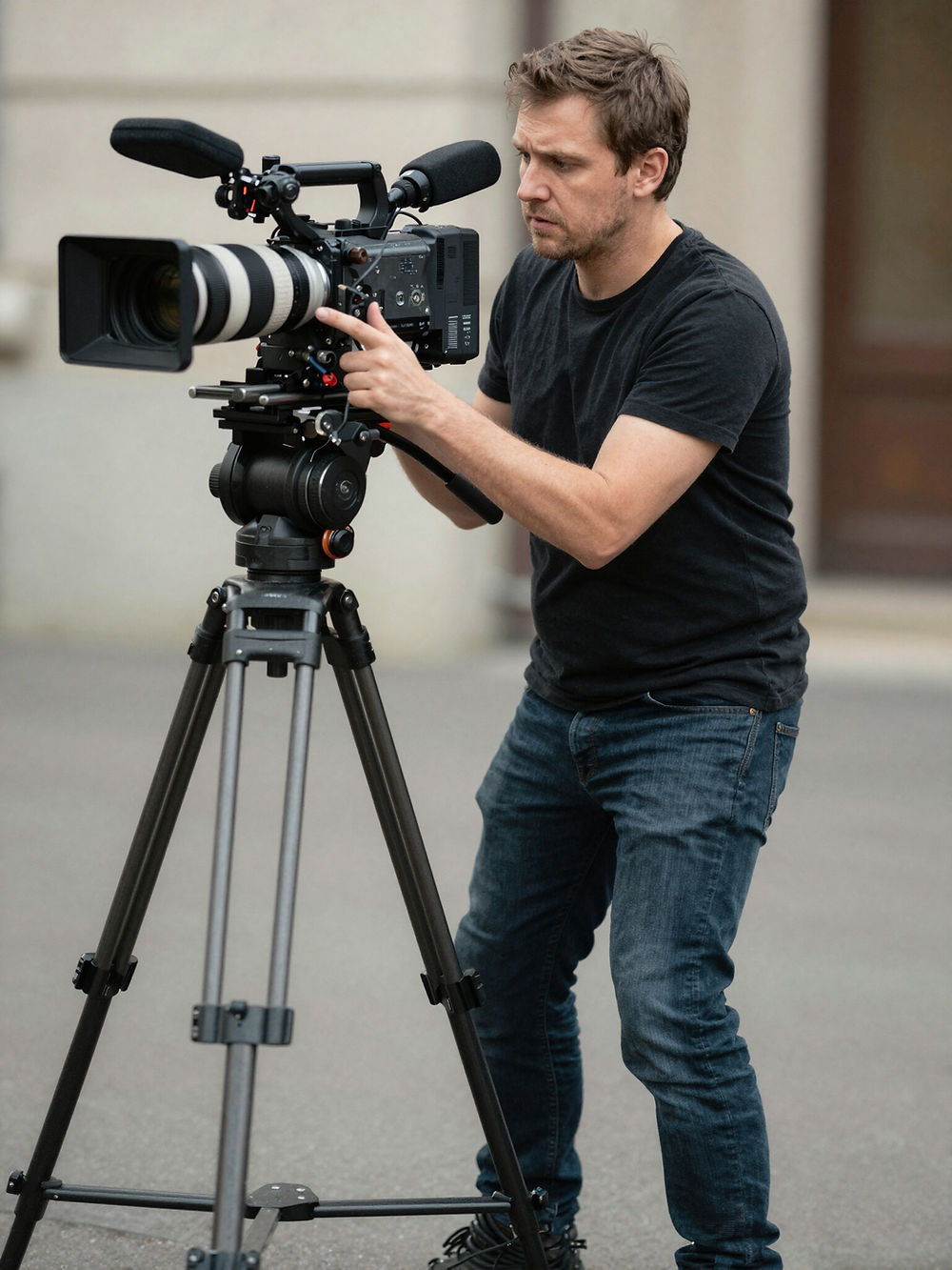 Caméraman professionnel réglant une caméra cinéma sur trépied lors d'un tournage de showreel corporate – MDMProd