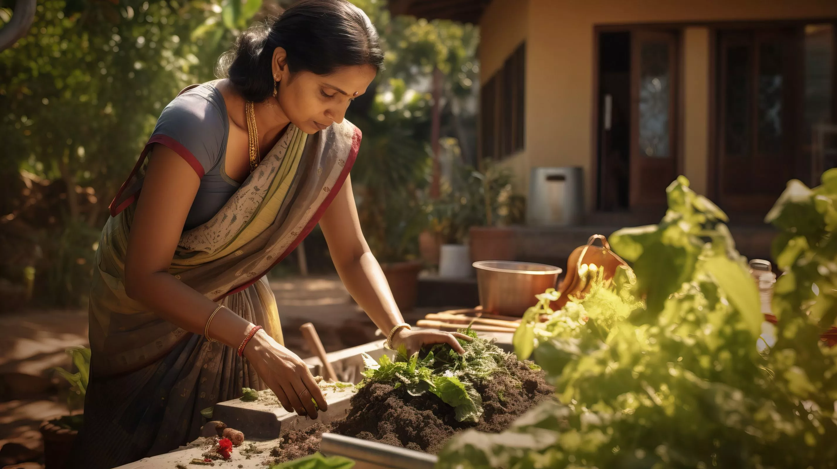 lady growing vegetables at home using compost