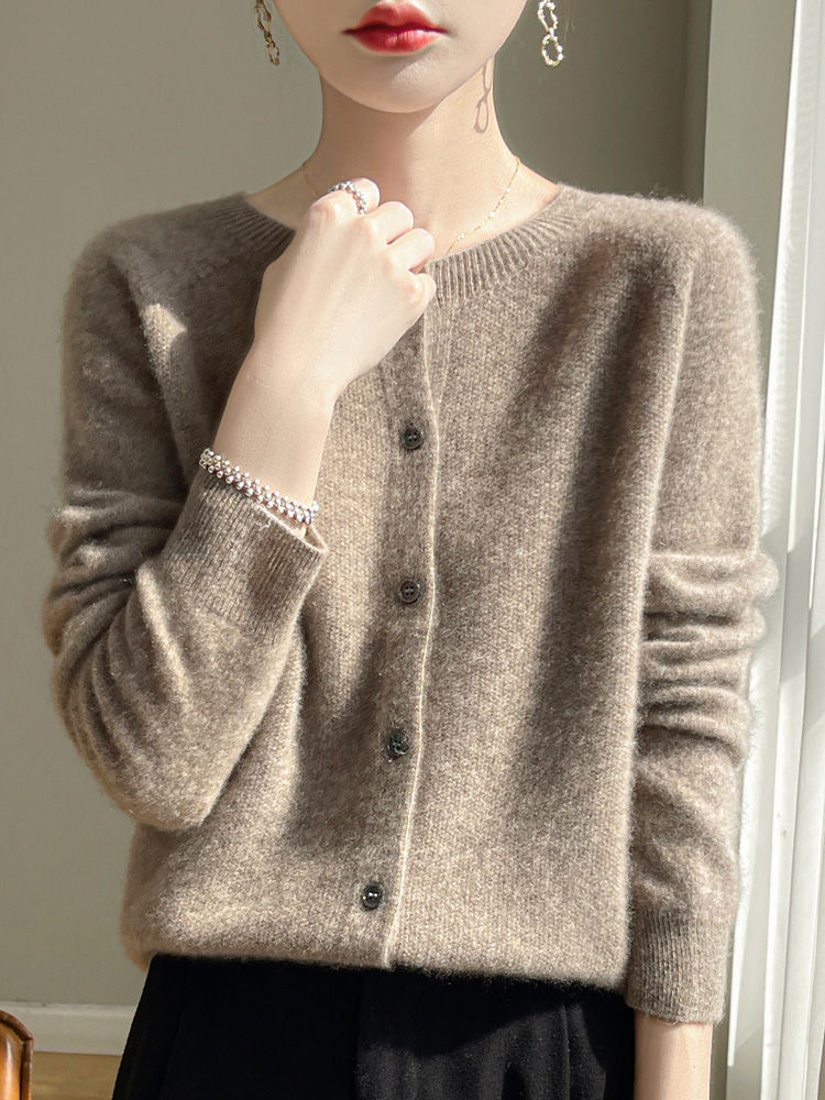 Miniatura: Women 100% Merino Wool Cardigan Soft O-Neck Cashmere Sweater OL Buttoned Knitwea