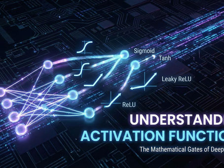 A futuristic, dark-themed illustration depicts data flowing through a glowing neural network and distinct activation function graphs including Sigmoid, Tanh, ReLU, and Leaky ReLU. The title text below reads "Understanding Activation Functions," subtitled "The Mathematical Gates of Deep Learning."