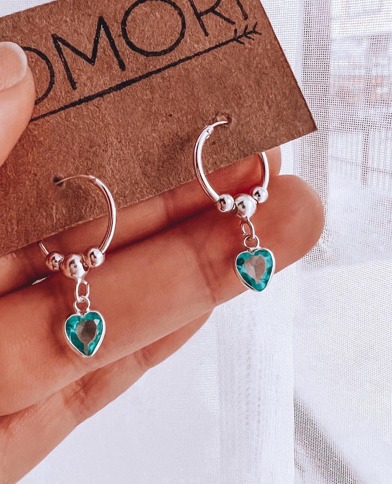 Argollas colgante corazón en circón celeste de Plata 925