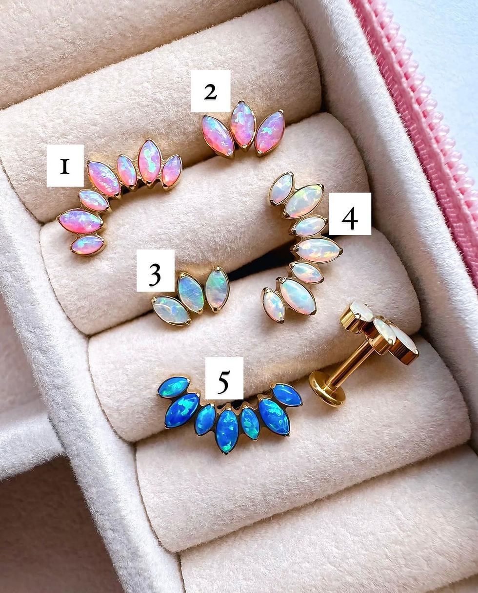 Miniatura: Piercings rosca interna dorados con ópalos rosas, azules y blancos de Titanio