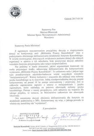 List do Ministra Spraw Wewnętrznych i Administracji w sprawie nieprzyznania dotacji na kontynuowanie