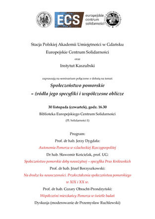 Seminarium pt. "Społeczeństwo pomorskie – źródła jego specyfiki i współczesne oblicze" - 30.11.2023