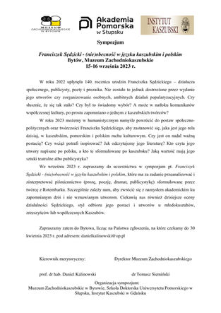 Franciszek Sędzicki - (nie)obecność w języku kaszubskim i polskim - 15-16 września 2023 r., Bytów