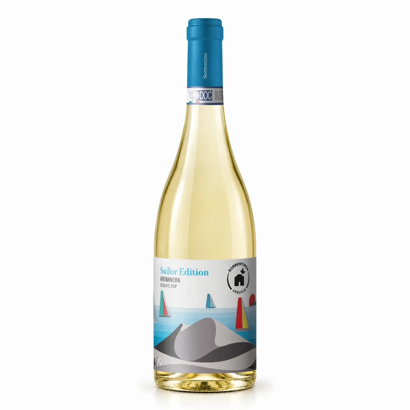 Bottiglia Arenanera Bianco Vesuvio DOP Sailor Edition di Sorrentino Vini, etichetta con vele e Vesuvio