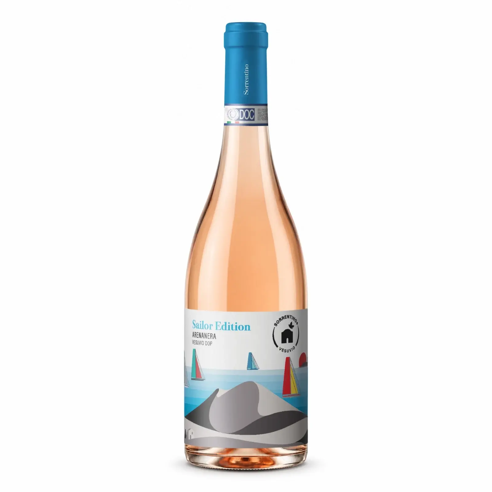 Bottiglia Arenanera Rosato Vesuvio DOP Sailor Edition di Sorrentino Vini, etichetta con vele e Vesuvio