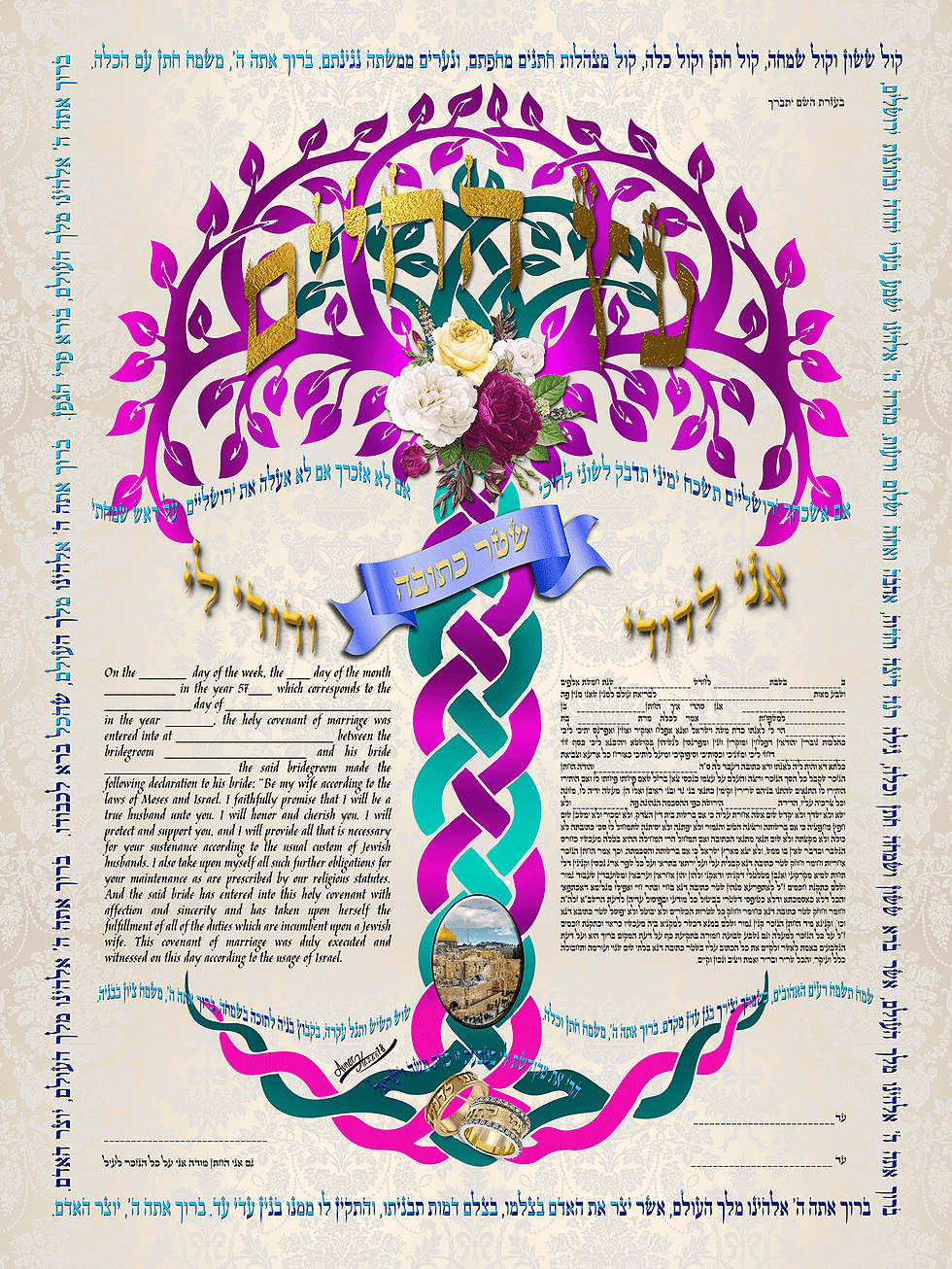 The tree of life is from light pink to magenta and light green to dark green.  And around out of the seven blessing
