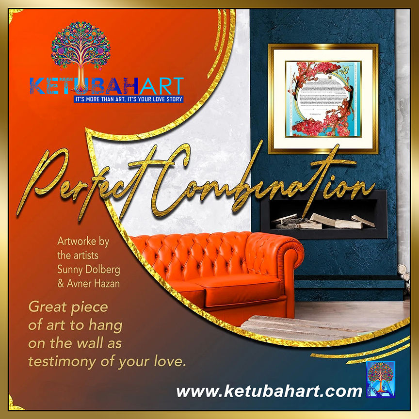 orenge couch and framed ketubah art on tell wall with "Perfect Combination" text. Includes artist names and Elegant, creative . modern ketubah in modern interior design