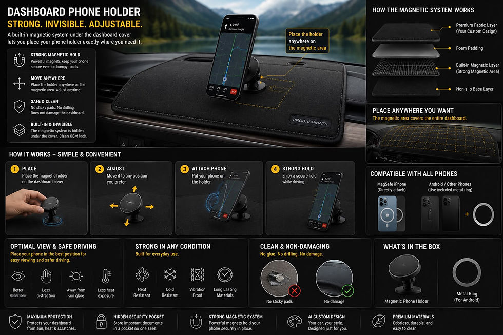 Magnetic phone holder on a dash cover automotive accessory