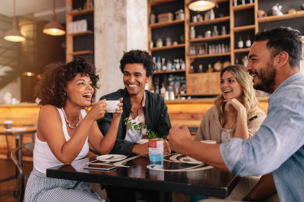 people talking in a cafe
