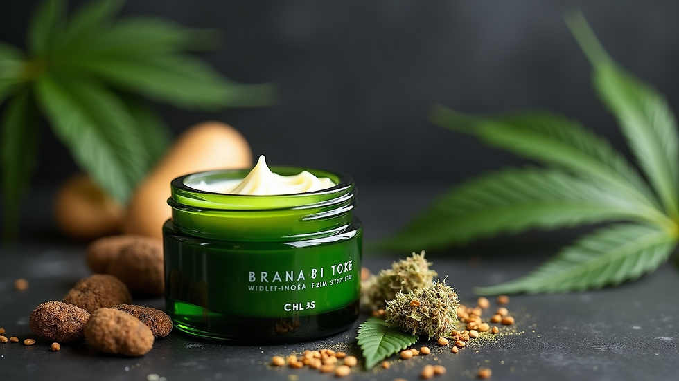 Close-up view of a CBD pain relief balm jar with natural ingredients in the background