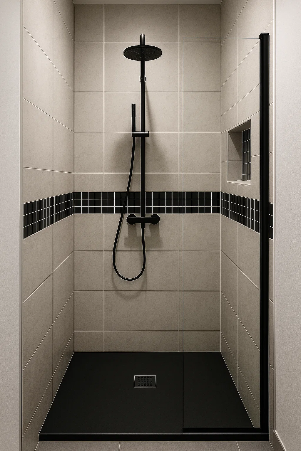 black and white walk in shower with glass
