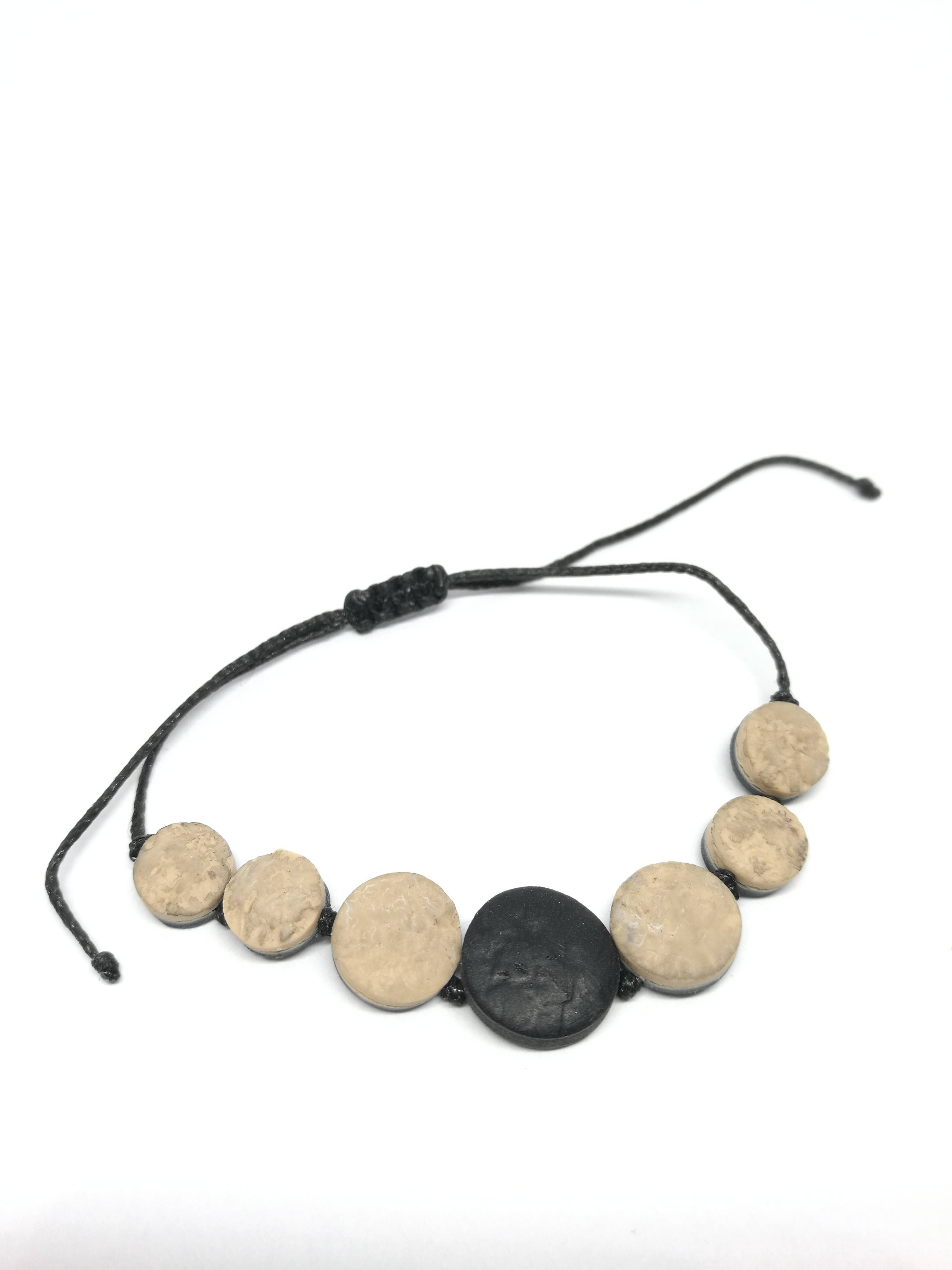 Beige / black circle bracelet / polymer clay