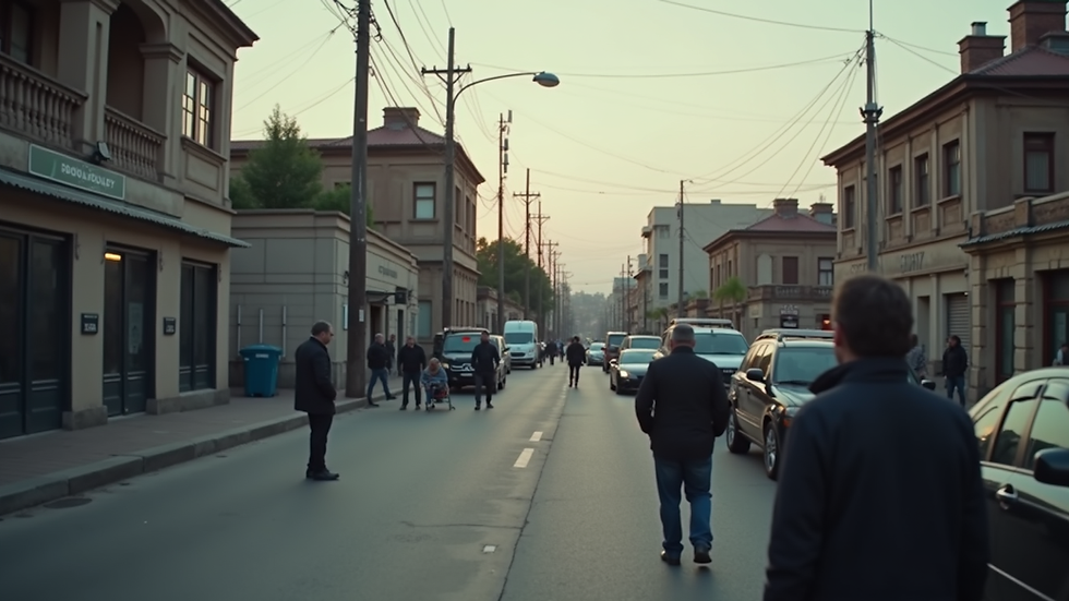 Eye-level view of a film set with security personnel monitoring the area