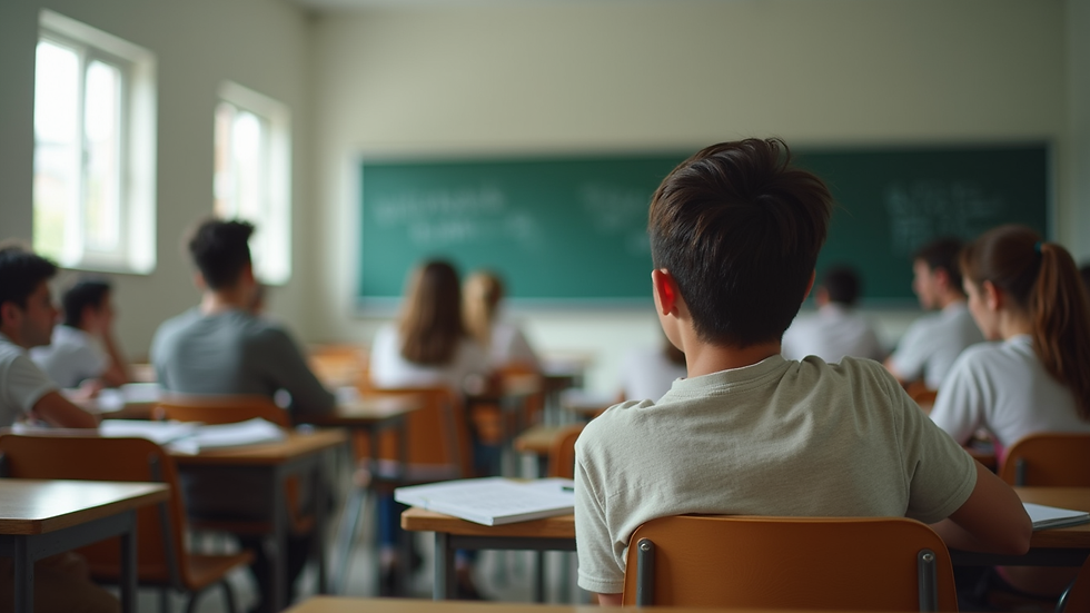 Eye-level view of a classroom with students engaged in language learning
