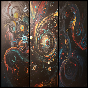 Abstract cosmic triptych with swirling vortex shapes, glowing energy pulses, and multidimensional orbital patterns.