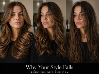 Editorial triptych portrait showing a blowout gradually losing volume and shape from morning to evening, illustrating declining hair manageability throughout the day.