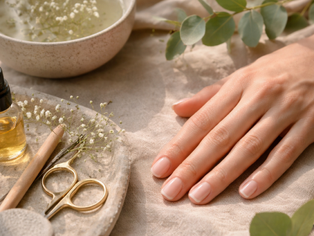 Softly lit hands with natural nails resting on neutral linens alongside greenery and nail care tools, representing nail health and overall wellness.