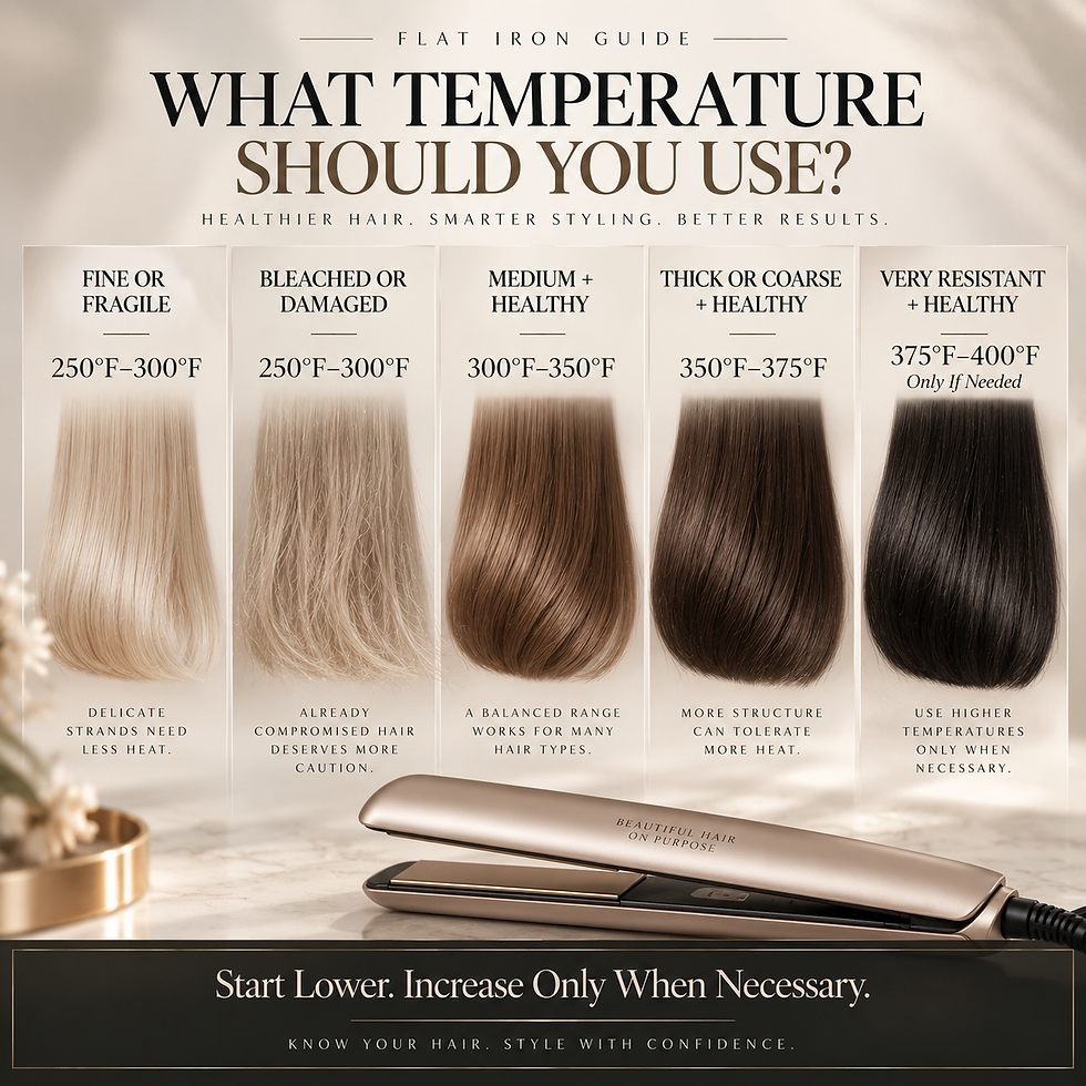 Educational chart showing progressively higher flat iron temperature ranges based on hair thickness and condition.