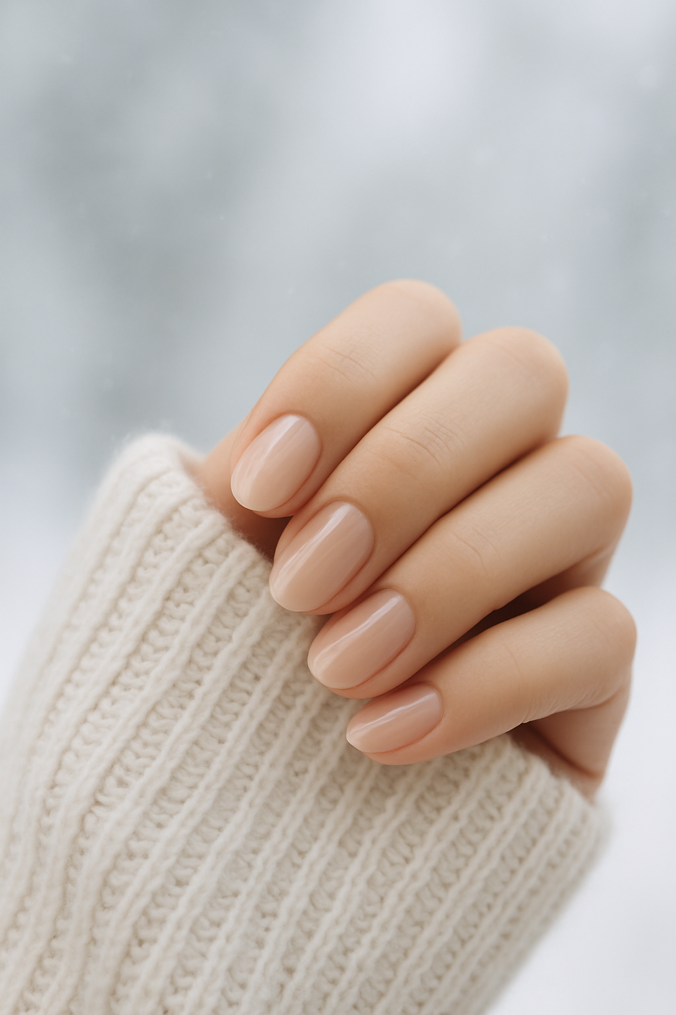 Close-up of a woman's hand with natural manicured nails against a soft snowy background.