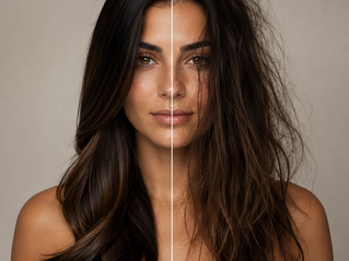 Split editorial portrait showing smooth, healthy hair on one side and frizzy, dull hair on the other, illustrating inconsistent hair behavior and changing product performance.