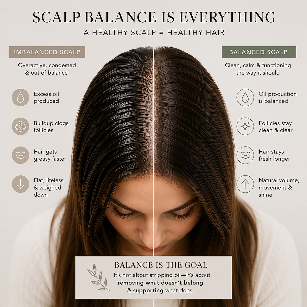 Split editorial image comparing congested greasy scalp and flat hair against balanced scalp with healthy shine and natural movement