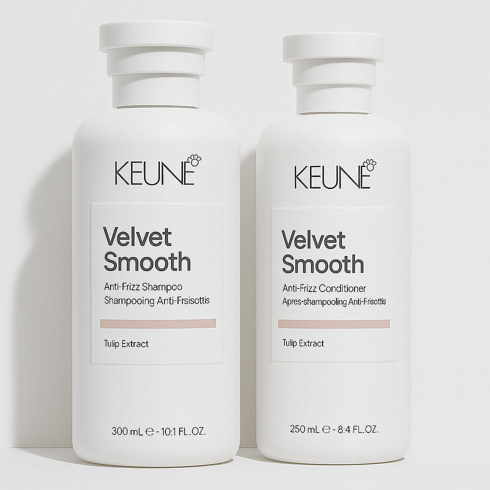Keune Velvet Smooth shampoo and conditioner bottles designed to reduce frizz and add softness to dry or static-prone hair