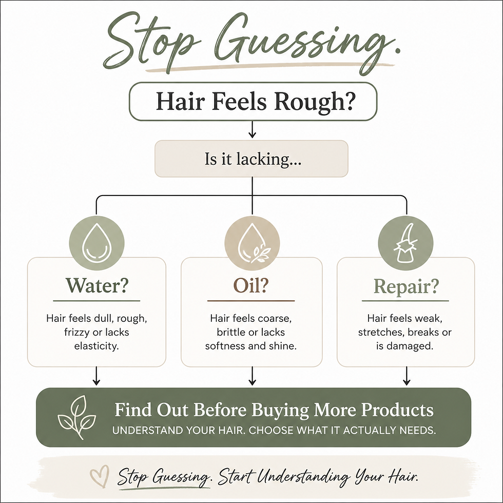 Diagnostic flowchart comparing water, oil, and repair needs to help identify whether rough hair may be dehydrated, dry, or damaged before choosing hair care products.