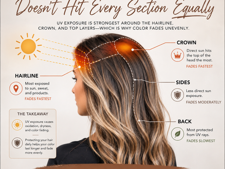Educational hair color infographic showing UV exposure concentrated around the hairline and crown, illustrating why certain sections of hair color fade faster than others, with the text "The Sun Doesn't Hit Every Section Equally."