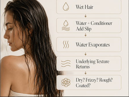 Hair drying process diagram showing how conditioner and water temporarily add softness before underlying dryness or roughness returns.