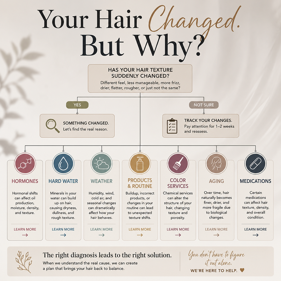 Luxury hair care infographic titled "Your Hair Changed. But Why?" featuring a decision tree that helps diagnose sudden hair texture changes by exploring seven common causes: hormones, hard water, weather, products and routine, color services, aging, and medications.