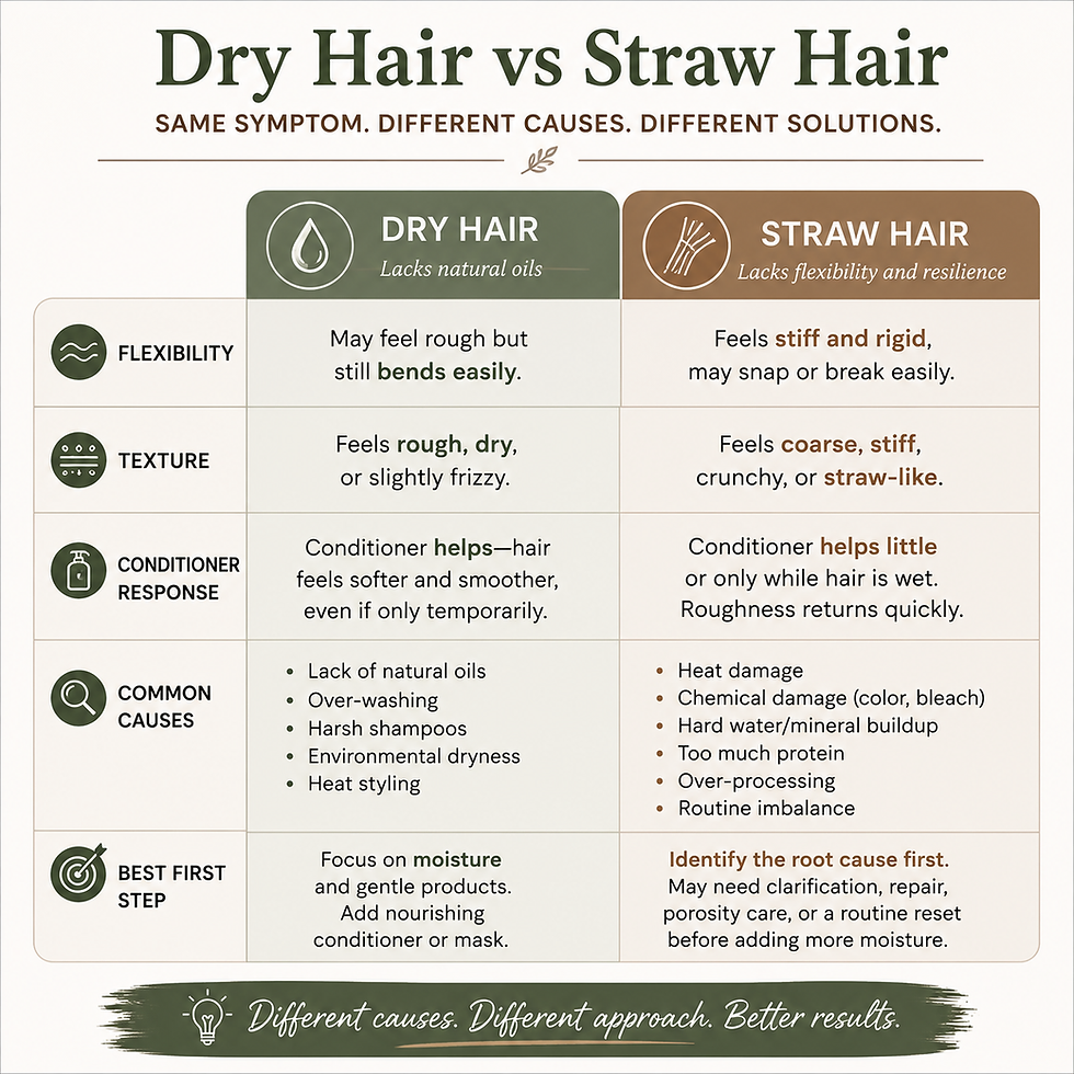 Infographic comparing dry hair with straw-like hair, including signs of damage, moisture response, possible causes, and how to choose the right treatment approach.