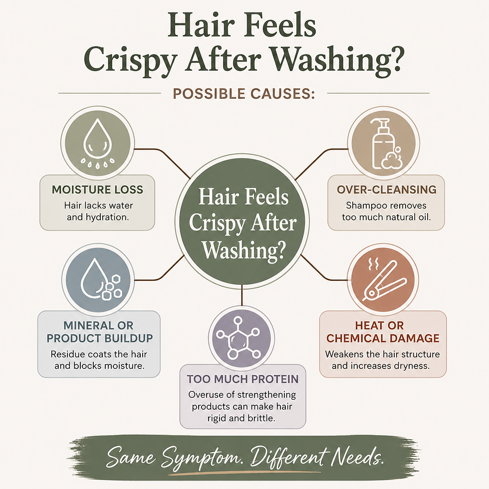 A central box reading “Hair Feels Crispy After Washing?” branches to moisture loss, over-cleansing, buildup, damage, and excess protein.