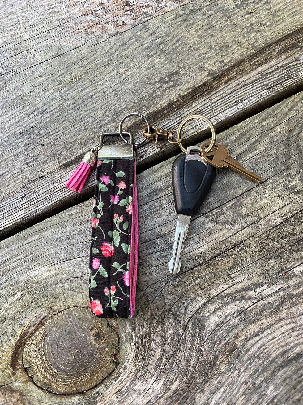 Pink Roses on Black Small Wristlet Keychain with Tassel