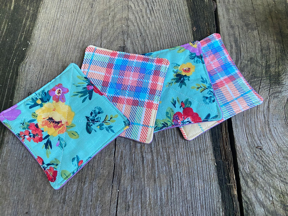 Turquoise Floral and Plaid Fabric Coasters