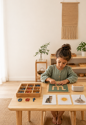 Young girl engaging with Montessori phonics materials, wooden letter cutouts, and sandpaper letters at a low wooden table for early reading practice.
