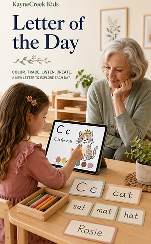 Letter of the Day interactive children’s activity with animal coloring, letter sounds, uppercase and lowercase tracing, word practice, and name writing
