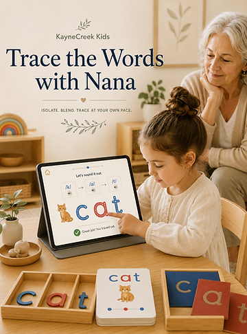 Young child traces the color-coded word “cat” on the KayneCreek Kids app while Nana observes nearby in a calm Montessori-inspired learning space, with wooden moveable letters and sandpaper letter cards on the table.
