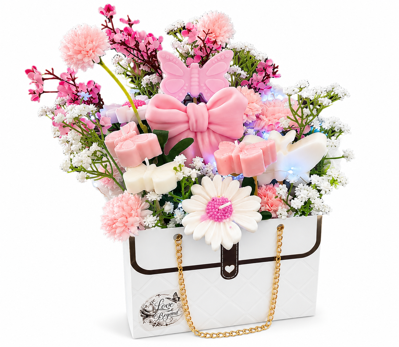 Secret Butterfly Garden Bouquet in pink and white purse-style arrangement