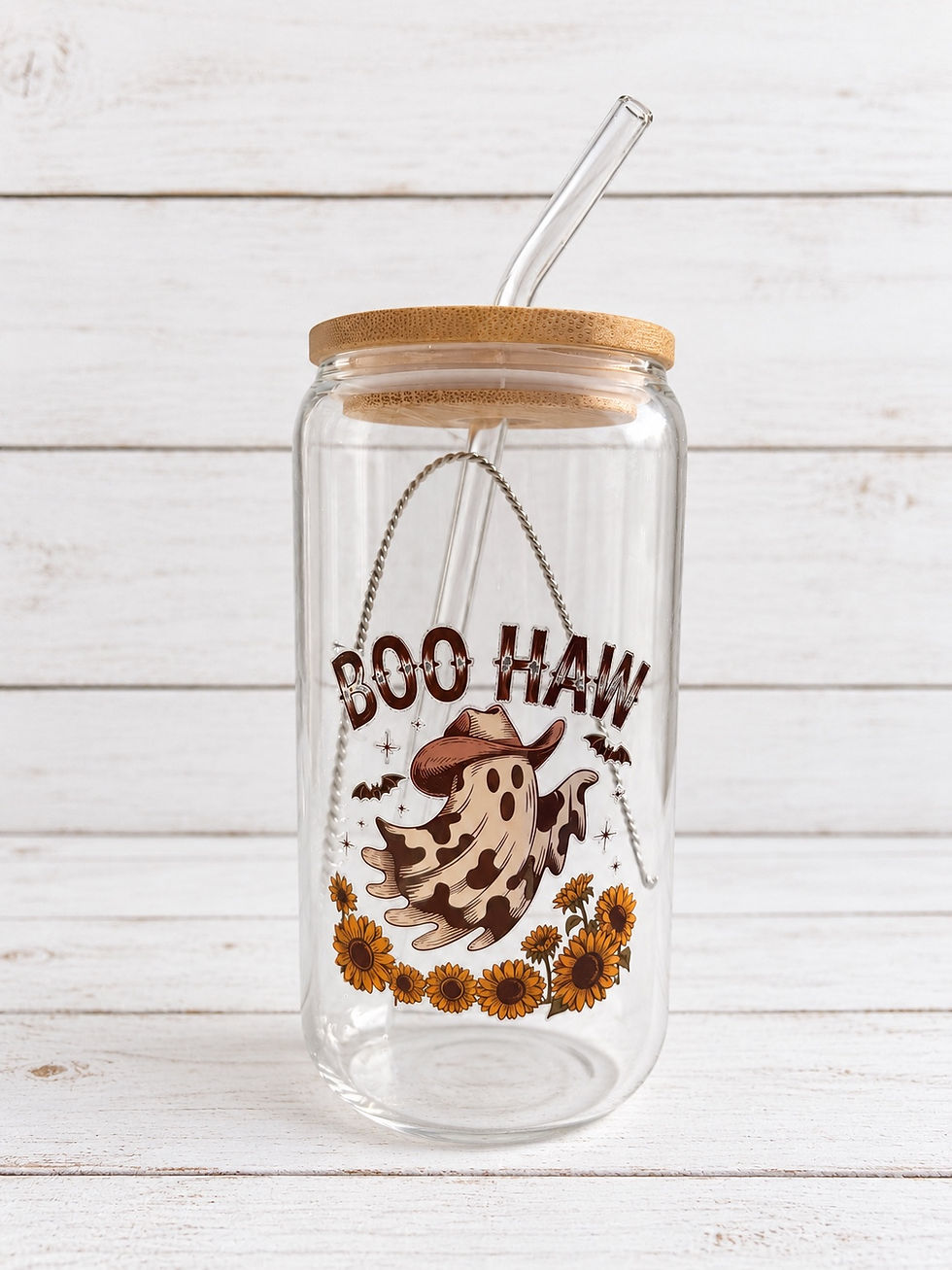 Boo Haw Glass Tumbler with cowboy ghost and sunflowers
