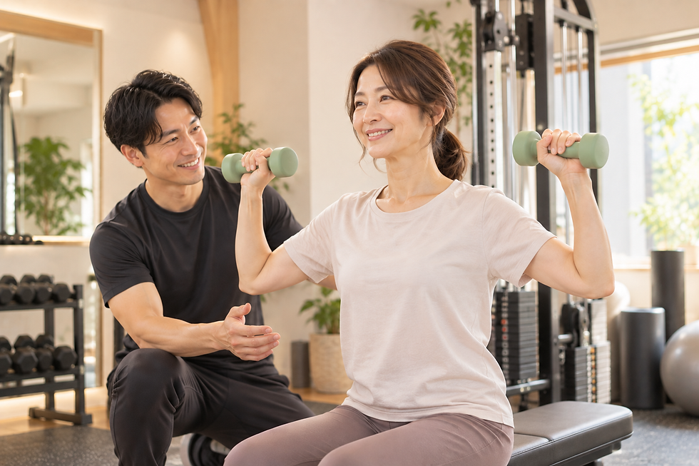 トレーナーが見守るなか、ベンチに座って両手のダンベルを肩の高さに持ち上げる女性